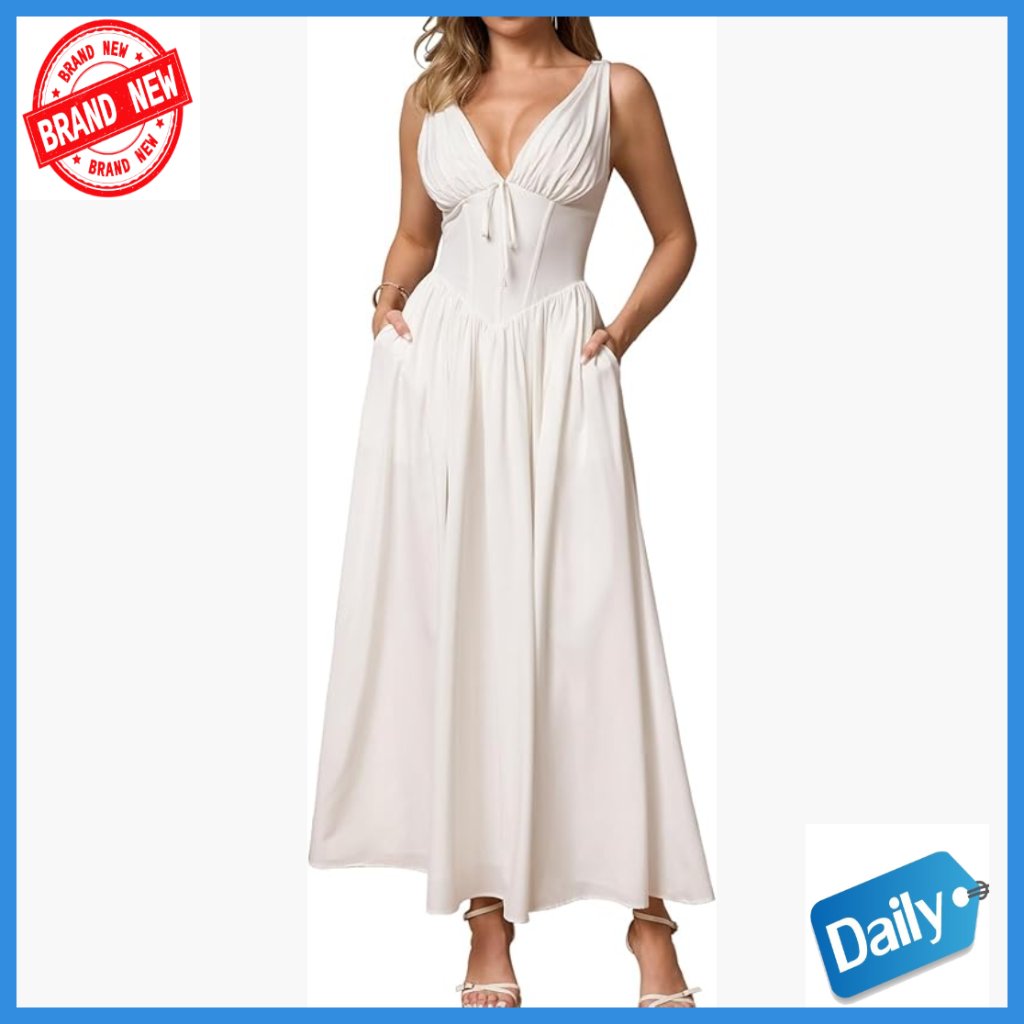 Summer Midi Dress With Pockets, V-Neck, Corset Detail, Wedding Guest